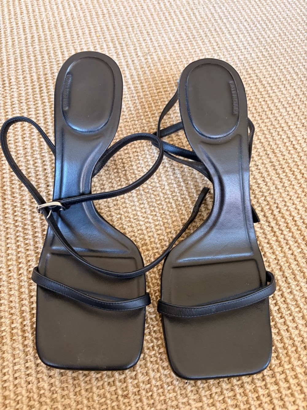 Balenciaga Black Strappy Square-Toe Heeled Sandals with Thin Ankle Straps
